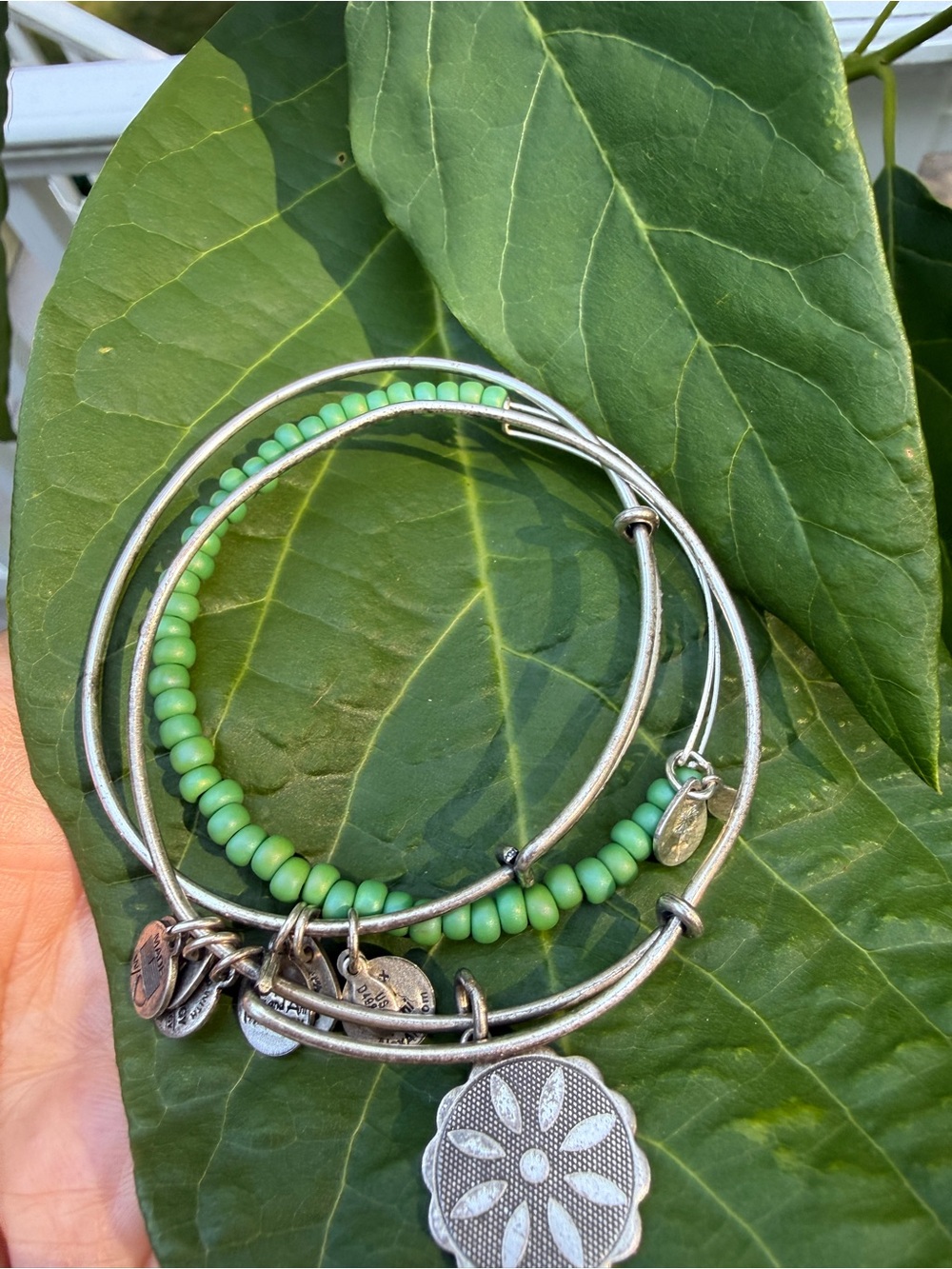Alex and Ani Silver-Tone Bracelet Set with Green Beads and Floral Charm